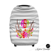 Gray and white stripe monogram baby girl or boy car seat canopy cover, floral deer antler car seat cover, custom monogram infant car seat cover, personalized baby name carseat cover, nursing privacy cover (CHOOSE COLORS)