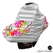 Gray and white stripe monogram baby girl or boy car seat canopy cover, floral deer antler car seat cover, custom monogram infant car seat cover, personalized baby name carseat cover, nursing privacy cover (CHOOSE COLORS)