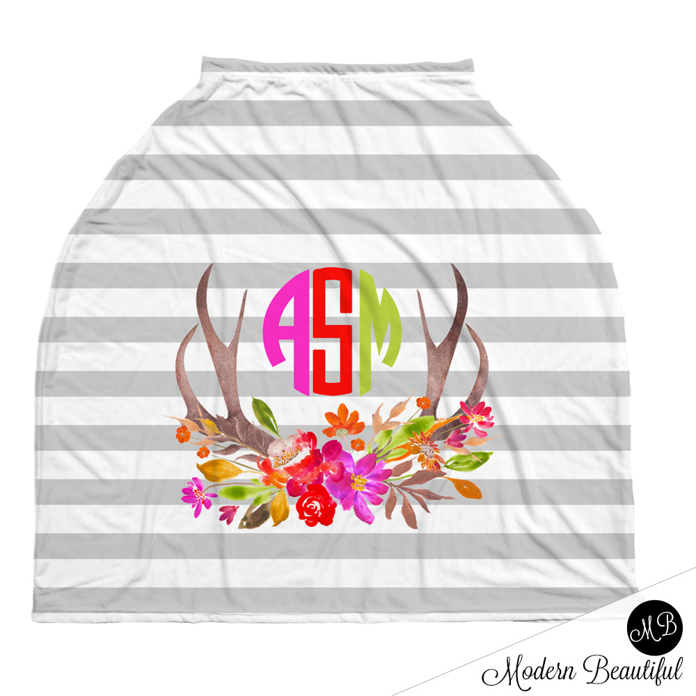 Gray and white stripe monogram baby girl or boy car seat canopy cover, floral deer antler car seat cover, custom monogram infant car seat cover, personalized baby name carseat cover, nursing privacy cover (CHOOSE COLORS)