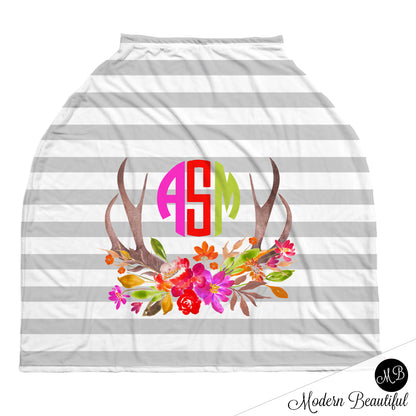 Gray and white stripe monogram baby girl or boy car seat canopy cover, floral deer antler car seat cover, custom monogram infant car seat cover, personalized baby name carseat cover, nursing privacy cover (CHOOSE COLORS)