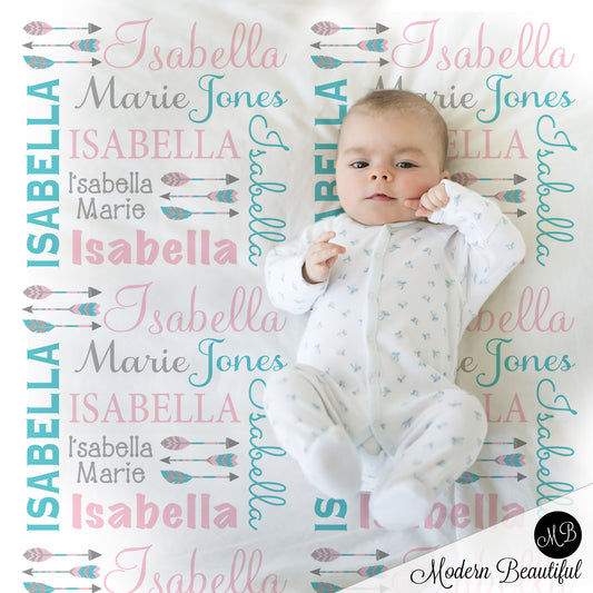 Boho arrow name blanket in teal and pink