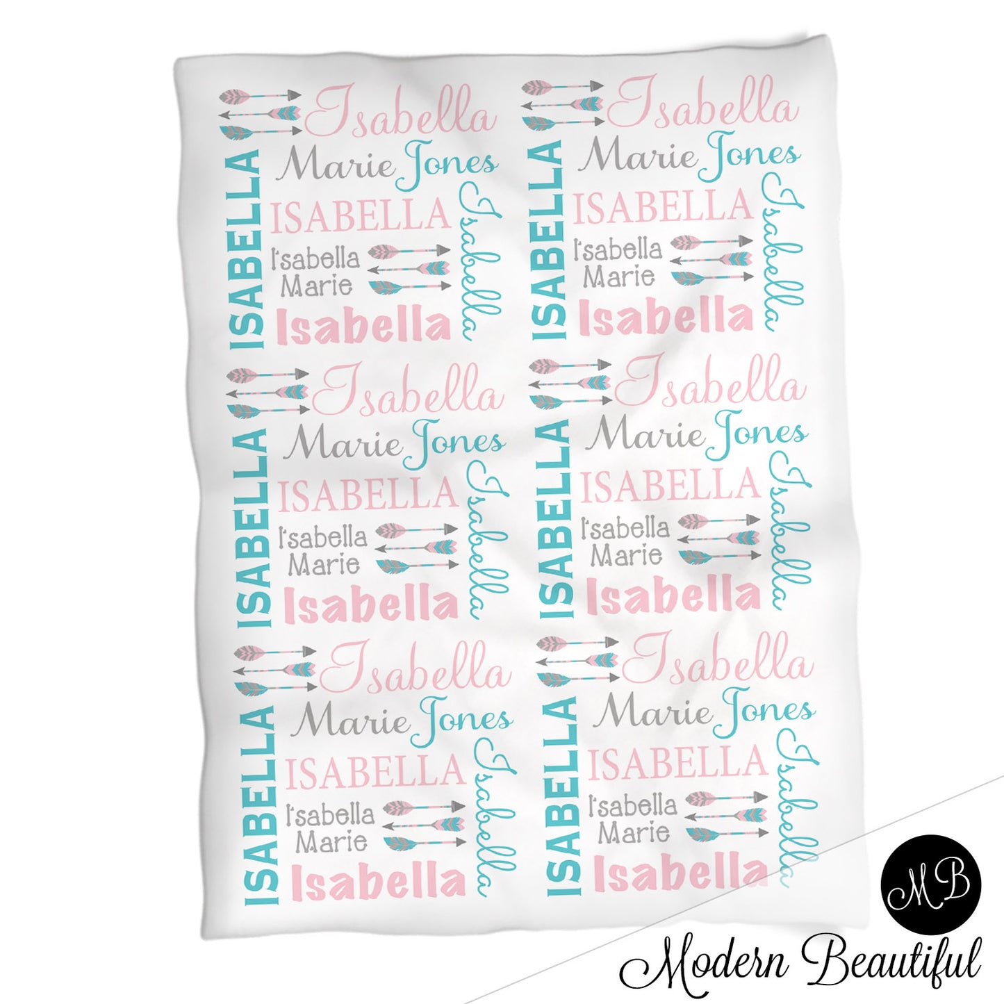 Boho arrow name blanket in teal and pink, personalized girl feather arrow baby blanket, boy or girl name blanket, personalized name blanket, baby shower gift (CHOOSE COLORS)