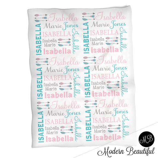 Boho arrow name blanket in teal and pink, personalized girl feather arrow baby blanket, boy or girl name blanket, personalized name blanket, baby shower gift (CHOOSE COLORS)