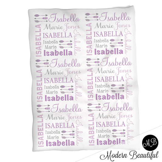 Baby girl feather arrow name blanket in gray and purple, feather swaddling blanket, baby girl arrow blanket, feather boho blanket, arrow feathers baby shower gift, (CHOOSE COLORS)