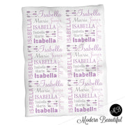 Baby girl feather arrow name blanket in gray and purple, feather swaddling blanket, baby girl arrow blanket, feather boho blanket, arrow feathers baby shower gift, (CHOOSE COLORS)