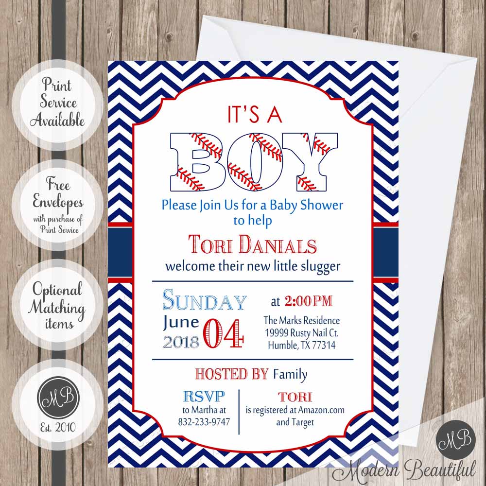 Navy and red baseball boy baby shower invitation
