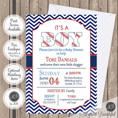 Navy and red baseball boy baby shower invitation