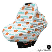 Basketball baby boy or girl car seat canopy cover, basketball baby gift, orange and aqua, custom infant car seat cover, personalized baby name carseat cover, nursing privacy cover, shopping cart cover, high chair cover (CHOOSE COLORS)