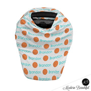 Basketball baby boy or girl car seat canopy cover, basketball baby gift, orange and aqua, custom infant car seat cover, personalized baby name carseat cover, nursing privacy cover, shopping cart cover, high chair cover (CHOOSE COLORS)