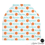 Basketball baby boy or girl car seat canopy cover, basketball baby gift, orange and aqua, custom infant car seat cover, personalized baby name carseat cover, nursing privacy cover, shopping cart cover, high chair cover (CHOOSE COLORS)