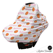 Basketball baby boy or girl car seat canopy cover, basketball baby gift, orange and pink, custom infant car seat cover, personalized baby name carseat cover, nursing privacy cover, shopping cart cover, high chair cover (CHOOSE COLORS)
