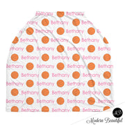 Basketball baby boy or girl car seat canopy cover, basketball baby gift, orange and pink, custom infant car seat cover, personalized baby name carseat cover, nursing privacy cover, shopping cart cover, high chair cover (CHOOSE COLORS)