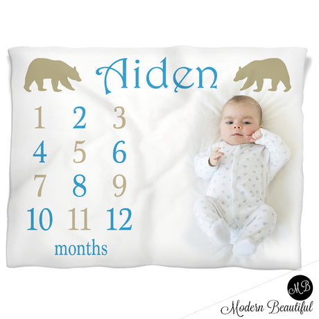 Forest Bear Milestone Name Blanket for Baby Boy