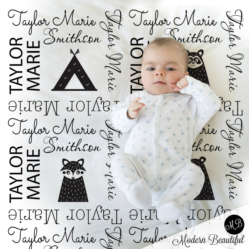 black and white baby name blanket