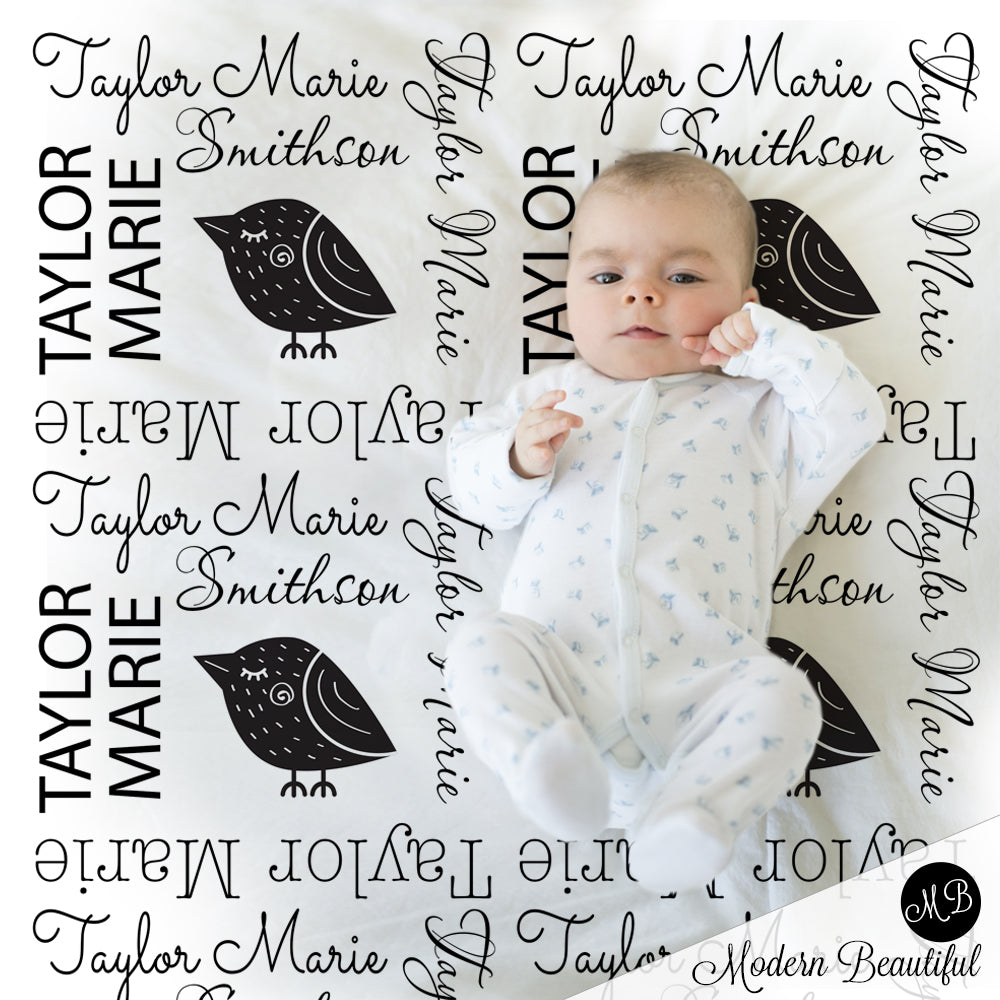 black and white baby name blanket bird