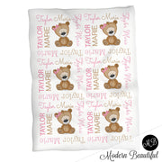 Pink and gray teddy bear name blanket, bear swaddling blanket, baby girl teddybear blanket, cute bear blanket, teddy bear baby shower gift, (CHOOSE COLORS)