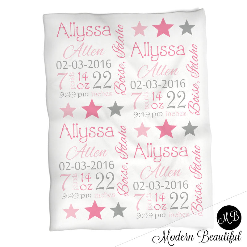 Pink and gray stars baby stats blanket, girl personalized blanket, baby stats blanket, star girl baby blanket, girl baby shower gift, choose colors
