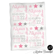 Pink and gray stars baby stats blanket, girl personalized blanket, baby stats blanket, star girl baby blanket, girl baby shower gift, choose colors