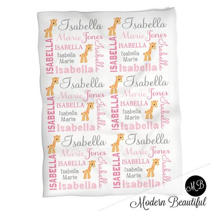 Giraffe Name Blanket in pink and gray for baby girl, personalized baby gift,  photo prop blanket, personalized blanket, choose colors