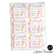 Giraffe Name Blanket in pink and gray for baby girl, personalized baby gift,  photo prop blanket, personalized blanket, choose colors