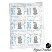 Hippo baby boy personalized blanket, hippo blanket, swaddle blanket , hippo baby shower gift, boy gift, CHOOSE COLOR