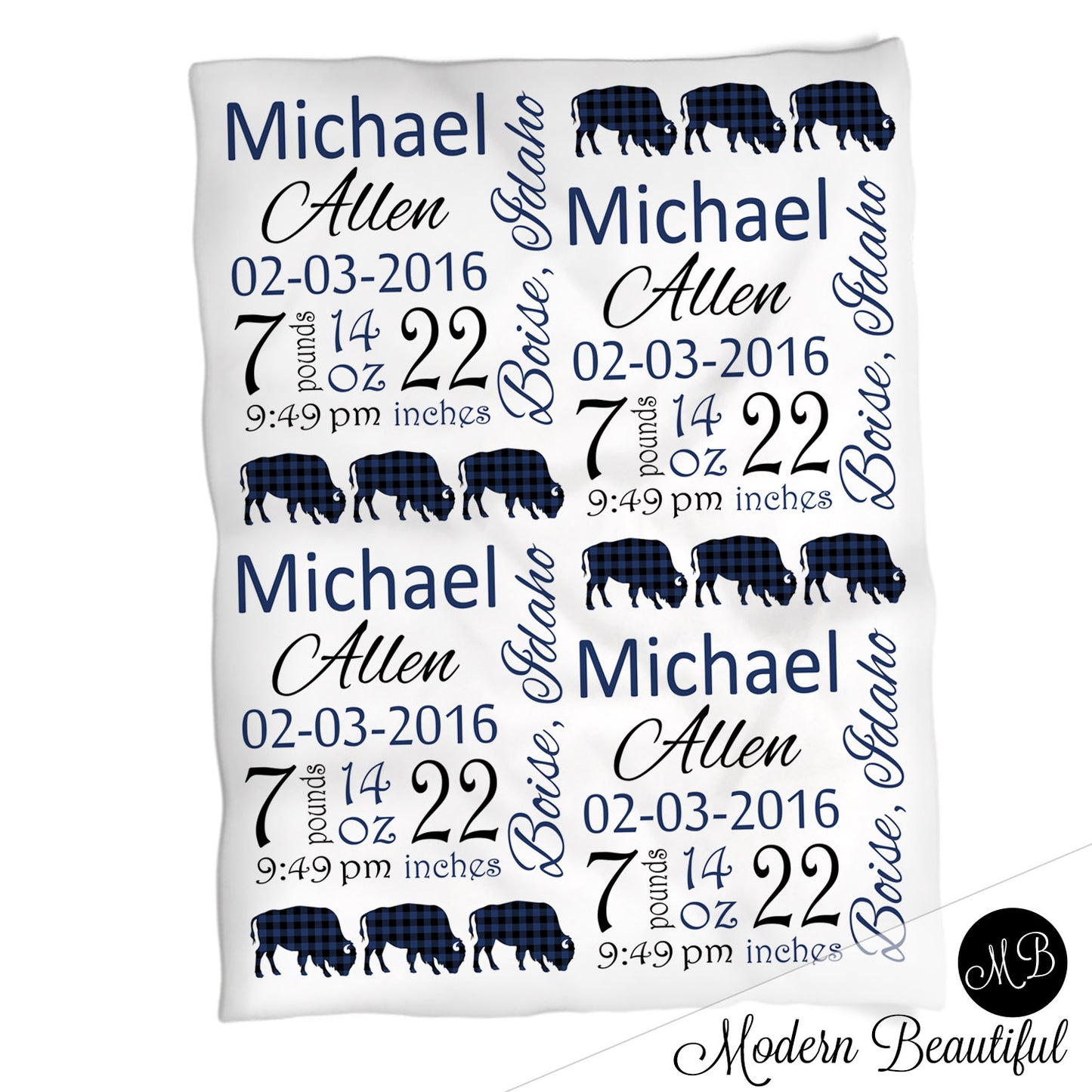 Buffalo baby boy stats blanket, navy and black, buffalo boy baby blanket, personalized buffalo baby blanket, baby stats blanket, boy or girl stats swaddle blanket, baby shower gift, choose colors