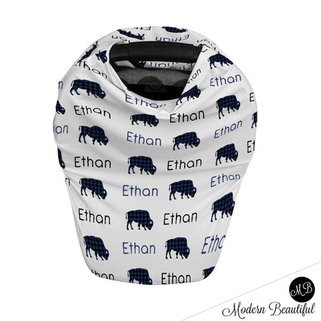 Buffalo baby boy or girl car seat canopy cover, buffalo baby gift, navy and black, custom infant car seat cover, personalized baby name carseat cover, nursing privacy cover, shopping cart cover, high chair cover (CHOOSE COLORS)