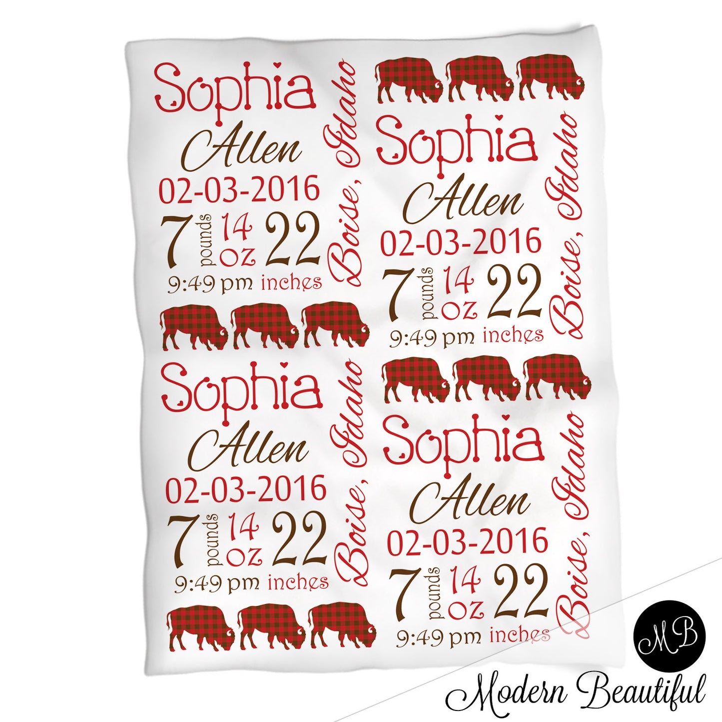 Buffalo baby girl stats blanket, brown and red, buffalo girl baby blanket, personalized buffalo baby blanket, baby stats blanket, boy or girl stats swaddle blanket, baby shower gift, choose colors