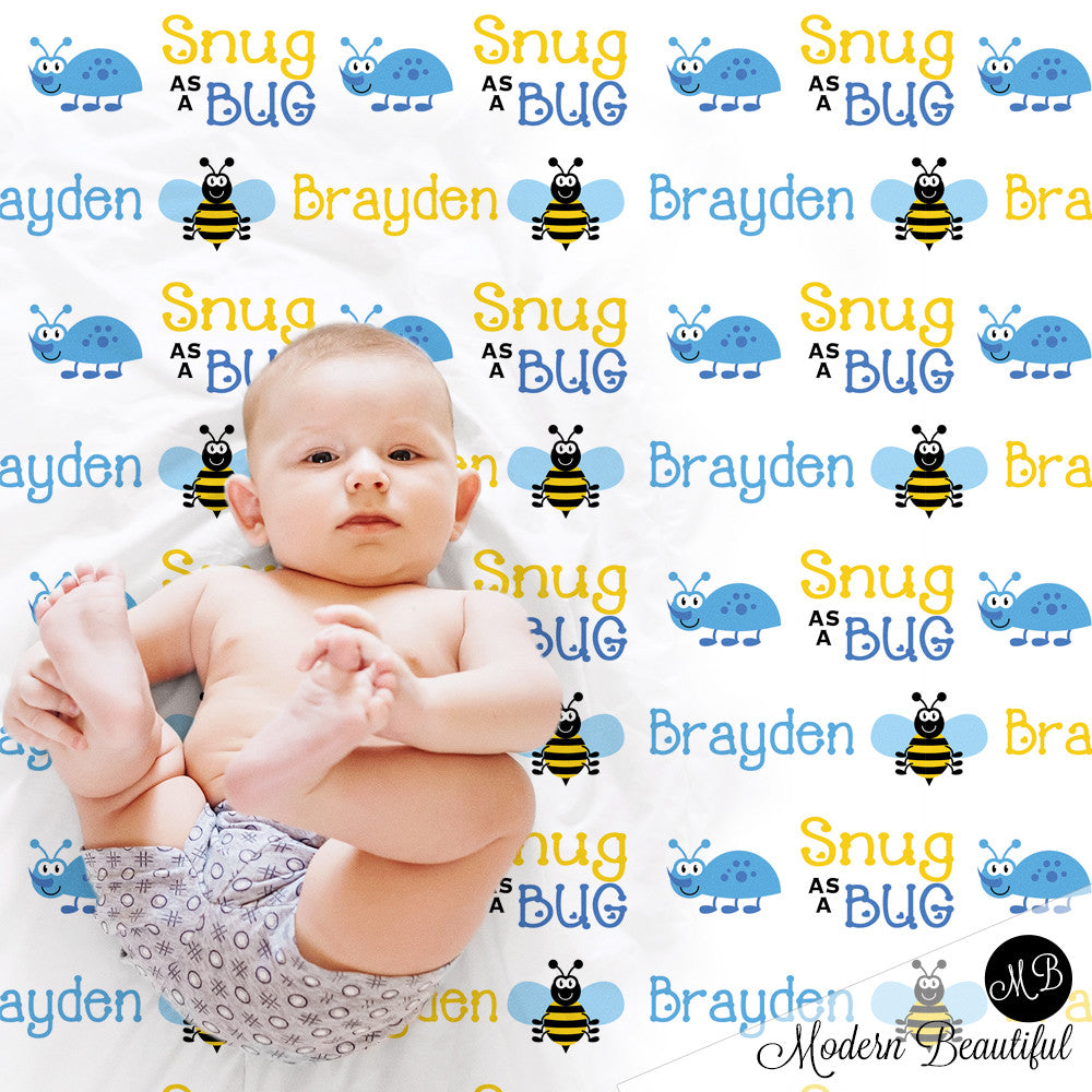 Bugs Name Blanket for Boy, personalized baby gift photo prop blanket, snug as a bug, personalized blanket, choose your colors