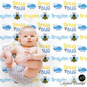 Bugs Name Blanket for Boy, personalized baby gift photo prop blanket, snug as a bug, personalized blanket, choose your colors