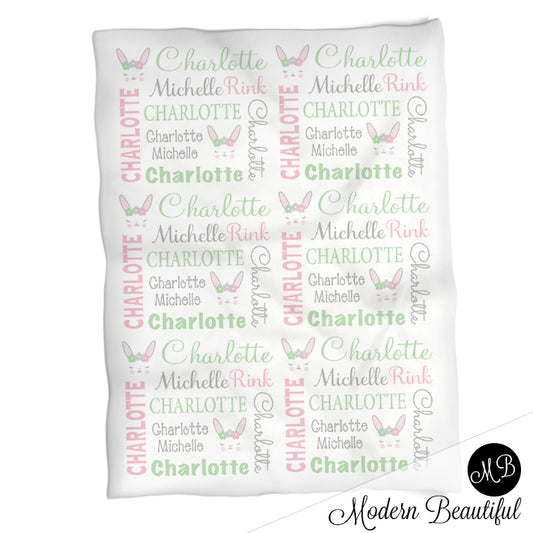 Bunny baby girl name blanket, swaddling blanket, girl blanket, bunny blanket, baby shower gift, Easter baby blanket CHOOSE COLORS