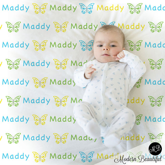 Butterfly Name Blanket for Girl, personalized baby gift photo prop blanket, repeating name with butterfly, personalized blanket, choose your colors