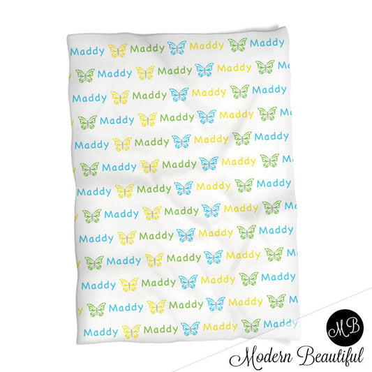 Butterfly Name Blanket for Girl, personalized baby gift photo prop blanket, repeating name with butterfly, personalized blanket, choose your colors