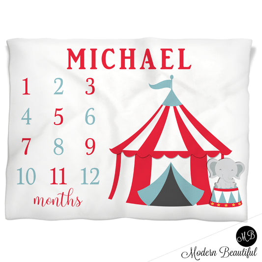 Circus carnival boy baby blanket, red and blue, carnival baby blanket, circus baby milestone blanket, monthly milestone baby blanket, personalized growth baby gift, personalized photo prop blanket, boy or girl, choose your colors