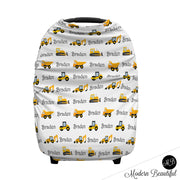 Construction dump truck baby boy or girl car seat canopy cover, bulldozer baby gift, yellow and black, custom infant car seat cover, personalized baby name carseat cover, nursing privacy cover, shopping cart cover, high chair cover (CHOOSE COLORS)