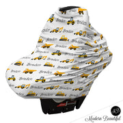 Construction dump truck baby boy or girl car seat canopy cover, bulldozer baby gift, yellow and black, custom infant car seat cover, personalized baby name carseat cover, nursing privacy cover, shopping cart cover, high chair cover (CHOOSE COLORS)