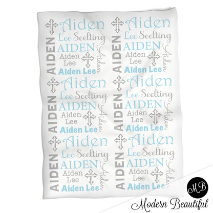 Cross baby name blanket, gray and blue, baptism baby blanket, baby swaddling blankets, baby girl or boy, baby name blanket, baby shower gift, (CHOOSE COLORS)