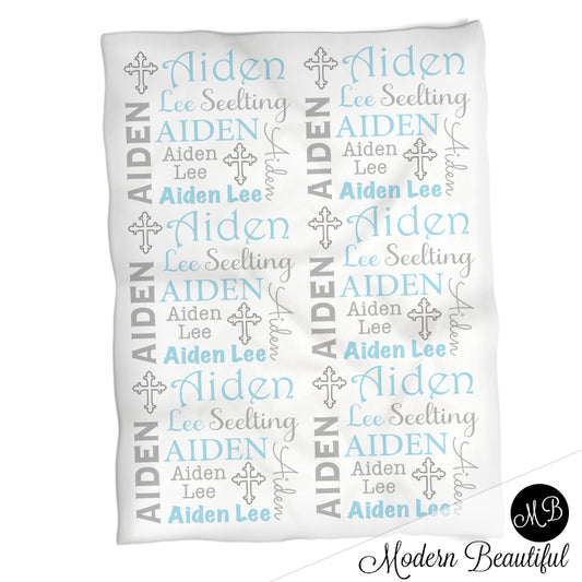 Personalized Cross baby name blanket, gray and blue, baptism baby name blanket, baby swaddling blankets, baby girl or boy, baby name blanket, baby shower gift, (CHOOSE COLORS)