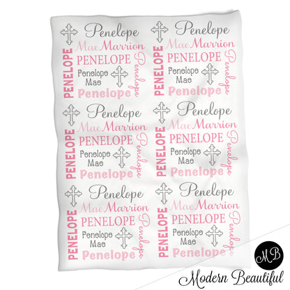 Baby girl baptism name blanket, pink and gray cross swaddling blankets, baby girl christening blanket, baptism baby blanket, christening baby shower gift, (CHOOSE COLORS)