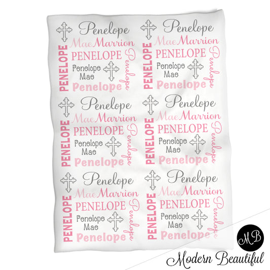 Baby girl baptism name blanket, pink and gray cross swaddling blankets, baby girl christening blanket, baptism baby blanket, christening baby shower gift, (CHOOSE COLORS)