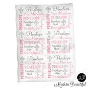 Baby girl baptism name blanket, pink and gray cross swaddling blankets, baby girl christening blanket, baptism baby blanket, christening baby shower gift, (CHOOSE COLORS)