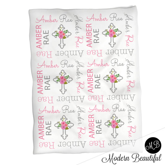 Pink and gray girl baptism name blanket, pink and gray cross swaddling blanket, baby girl christening blanket, baptism baby blanket, christening baby shower gift, (CHOOSE COLORS)