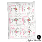 Pink and gray girl baptism name blanket, pink and gray cross swaddling blanket, baby girl christening blanket, baptism baby blanket, christening baby shower gift, (CHOOSE COLORS)