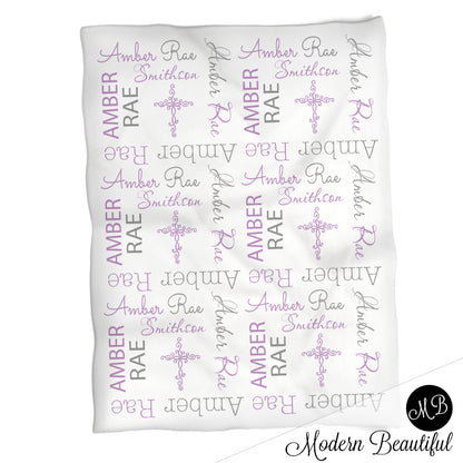Purple and gray girl baptism name blanket, purple and gray cross swaddling blanket, baby girl christening blanket, baptism baby blanket, christening baby shower gift, (CHOOSE COLORS)