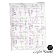 Purple and gray girl baptism name blanket, purple and gray cross swaddling blanket, baby girl christening blanket, baptism baby blanket, christening baby shower gift, (CHOOSE COLORS)
