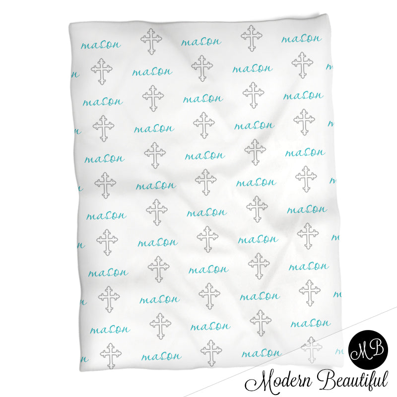 Personalized Cross baby boy blanket, blue and white, baptism name blanket, custom religious personalized baby gift, swaddle baby name blanket, personalized blanket, boy or girl blanket, choose colors
