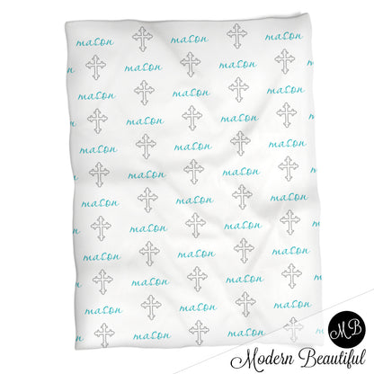 Personalized Cross baby boy blanket, blue and white, baptism name blanket, custom religious personalized baby gift, swaddle baby name blanket, personalized blanket, boy or girl blanket, choose colors