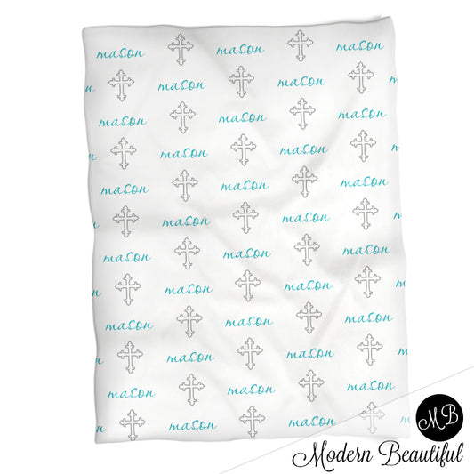 Personalized Cross baby boy blanket, blue and white, baptism name blanket, custom religious personalized baby gift, swaddle baby name blanket, personalized blanket, boy or girl blanket, choose colors