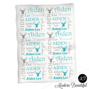 Deer antler personalized baby blanket, aqua and gray, deer receiving blanket, swaddle blanket, baby shower gift, boy gift, (CHOOSE COLORS)