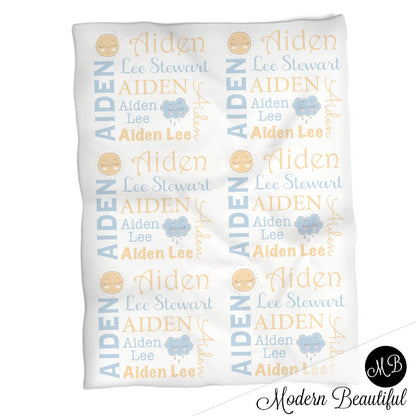 Sun and cloud baby name blanket, blue and yellow, sunshine baby blanket, baby swaddling blankets, baby girl or boy, baby name blanket, baby shower gift, (CHOOSE COLORS)